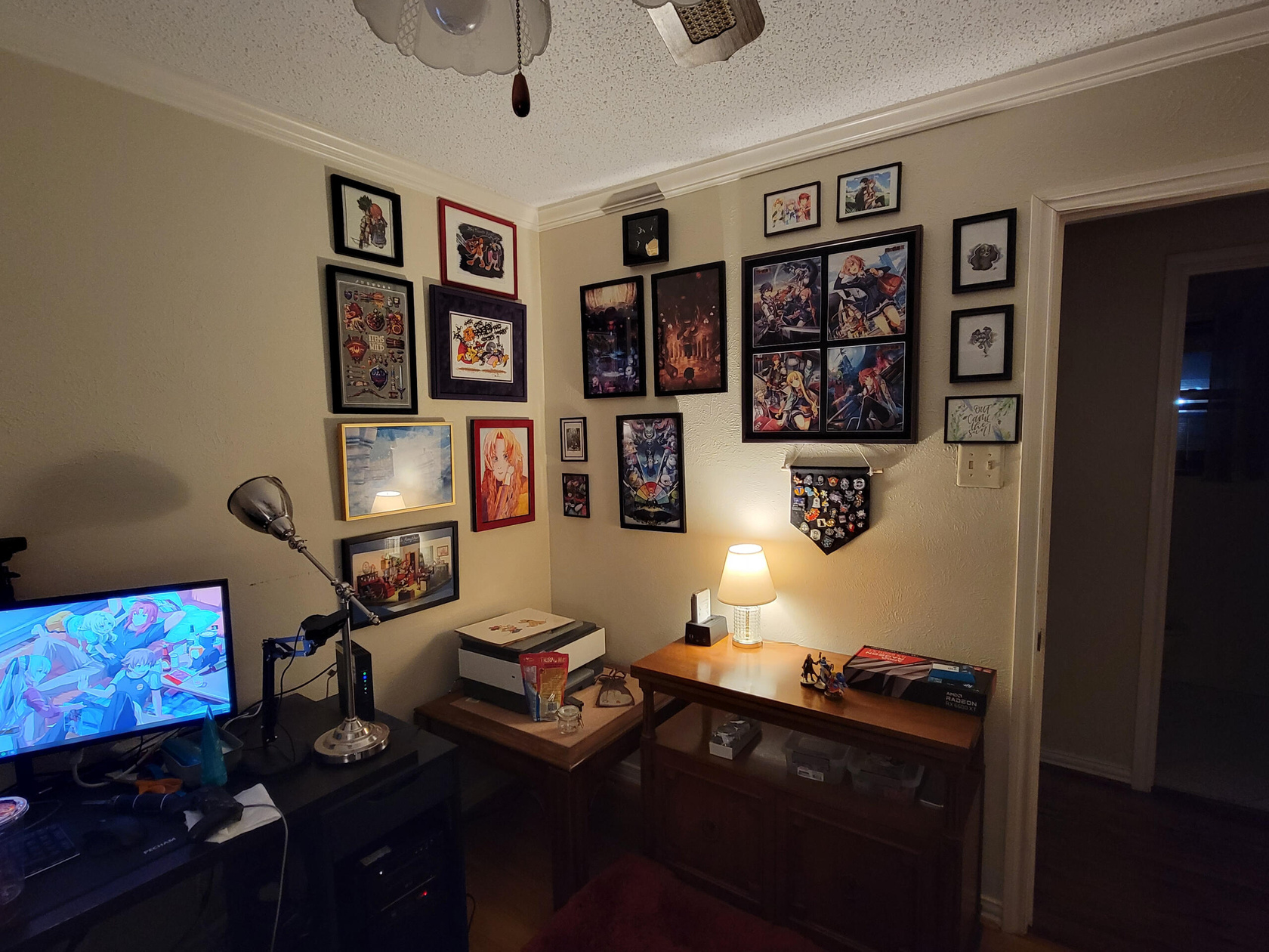 The gallery wall with buffet and printer table after the shelf was moved. This was taken before the Amiibo shelves were installed.